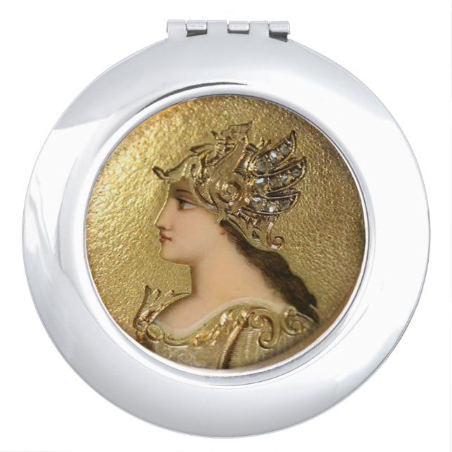 ATHENA PROFILE ,GOLDEN HELMET AND FANTASY GRIFFINS COMPACT MIRROR (Front)