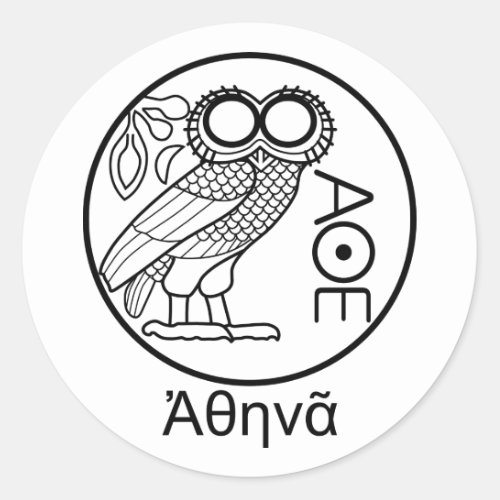 Athenaâs owl tetradrachm Greek Font Classic Round Sticker