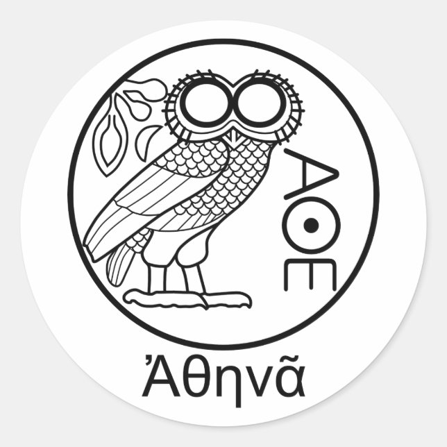 Athena’s owl tetradrachm (Greek Font) Classic Round Sticker (Front)