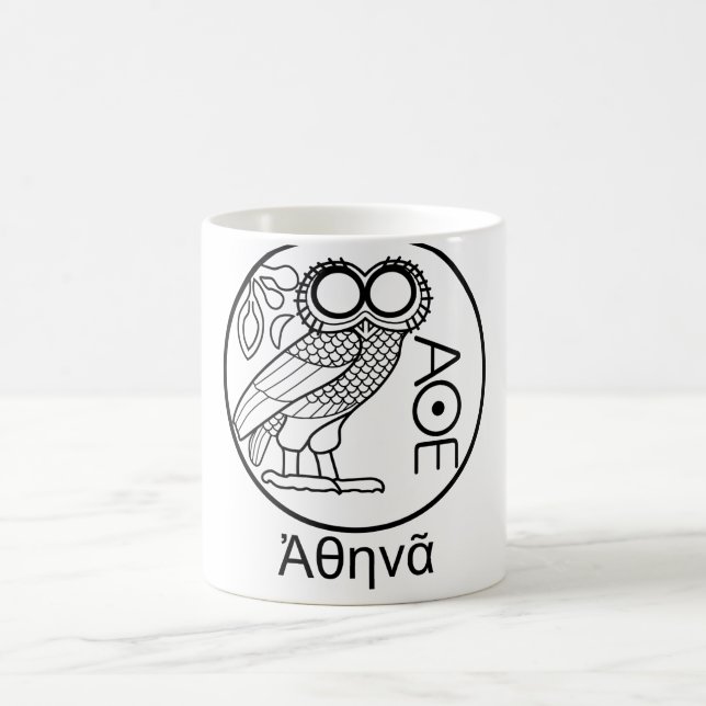 Athena’s owl tetradrachm (Greek Font) Coffee Mug (Center)