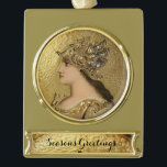 ATHENA WITH GOLDEN HELMET AND FANTASY GRIFFINS GOLD PLATED BANNER ORNAMENT<br><div class="desc">Elegant Gold enamel Art Nouveau Miniature</div>