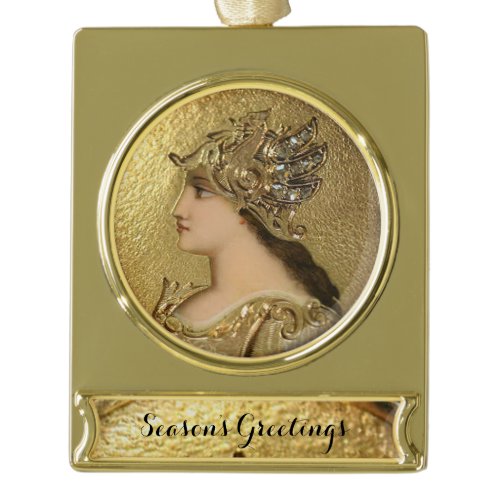 ATHENA WITH GOLDEN HELMET AND FANTASY GRIFFINS GOLD PLATED BANNER ORNAMENT