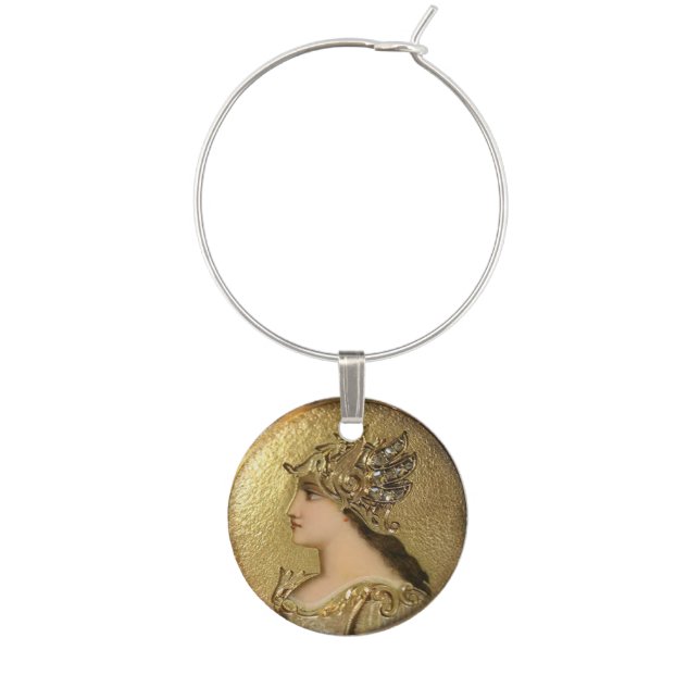 ATHENA WITH GOLDEN HELMET AND FANTASY GRIFFINS WINE GLASS CHARM (Front)