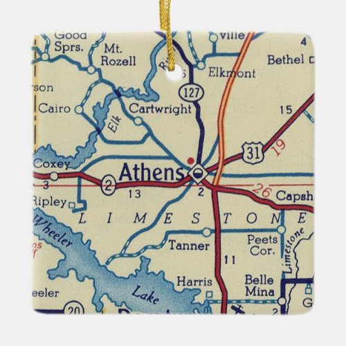 Athens AL Vintage Map Ceramic Ornament
