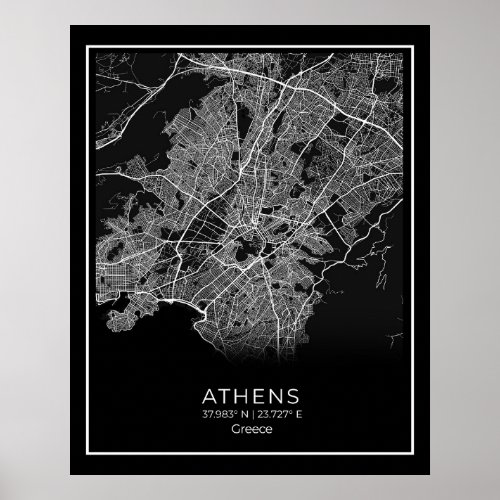 Athens City Map _ Athnes Black Map Poster