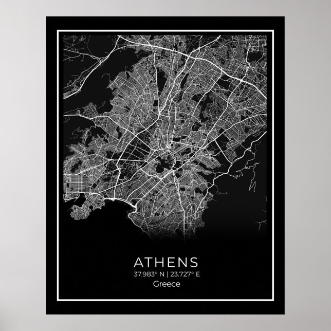 Athens City Map - Athnes Black Map Poster (Front)