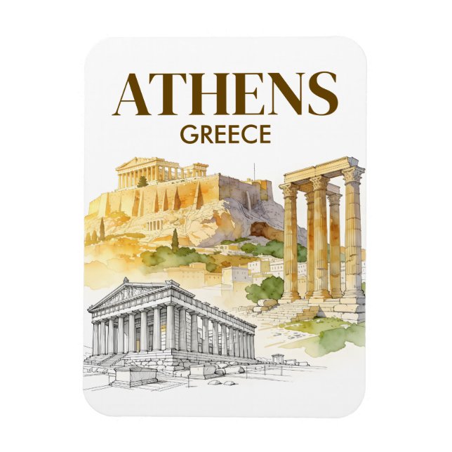 Athens Greece Acropolis Watercolor Sketch Travel Magnet (Vertical)