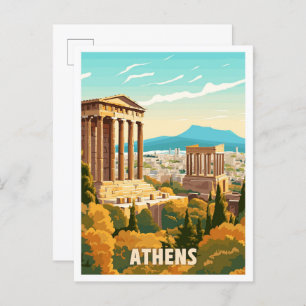 Athens Greece Art Vintage Travel Illustration Postcard