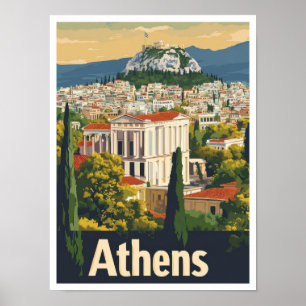 Athens Greece Art Vintage Travel Illustration Poster