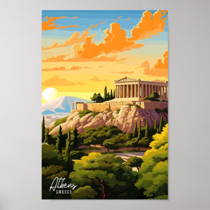 Athens Greece Art Vintage Travel Illustration Poster