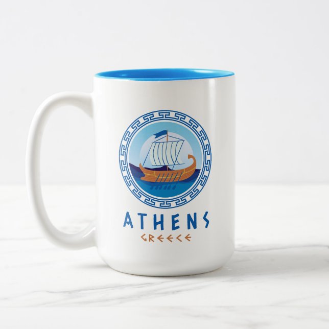 Athens, Greece Greek Ship Design Two-Tone Coffee Mug (Left)