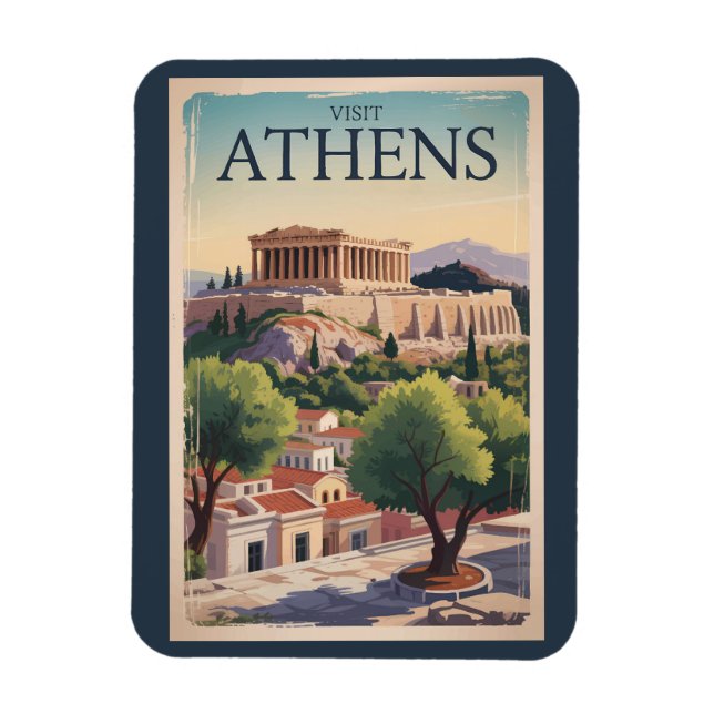 Athens Greece Illustration Travel Art Vintage Magnet (Vertical)