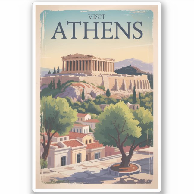 Athens Greece Illustration Travel Art Vintage Sticker (Front)