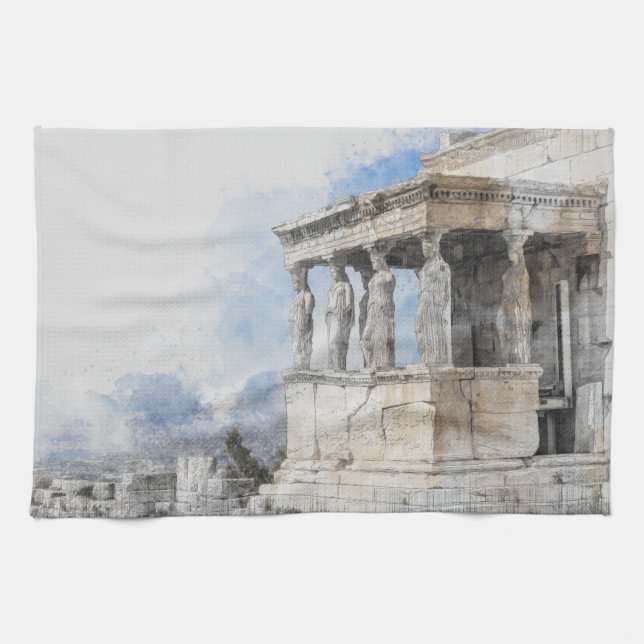 Athens Greece Kitchen Towel – Watercolor Ancient (Horizontal)