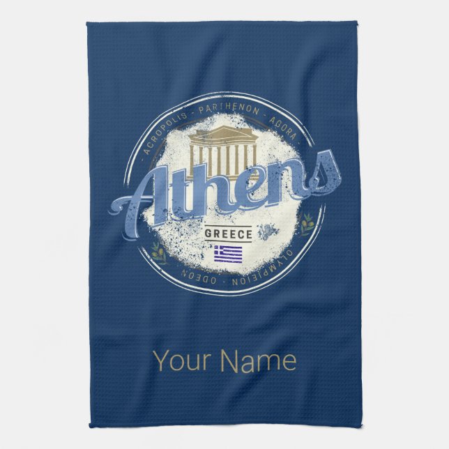 Athens Greece Retro Acropolis Vintage Souvenir Kitchen Towel (Vertical)