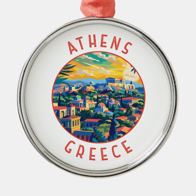 Athens Greece Retro Distressed Circle Metal Ornament (Front)