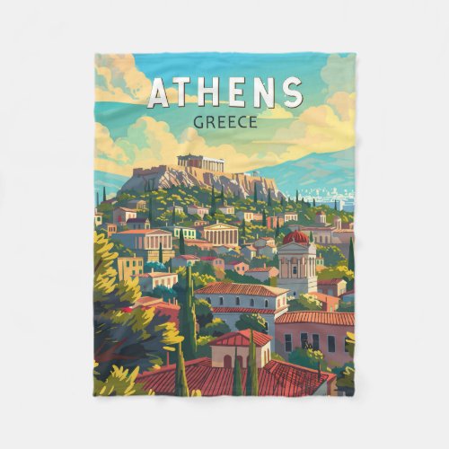 Athens Greece Travel Art Vintage Fleece Blanket