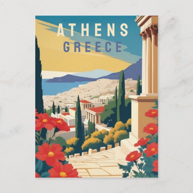 Athens Greece Travel Art with Red Flowers Postcard (Front)