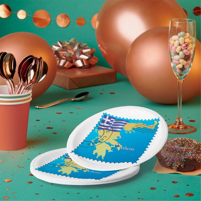 Athens Greece Travel Stamp Greek Flag and Map  Paper Plates (Creator Uploaded)