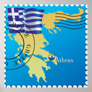 Athens Greece Travel Stamp Greek Flag and Map Poster