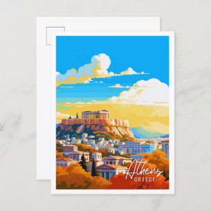 Athens Greece vintage art travel illustration Postcard