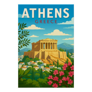 Athens Greece Vintage Travel Parthenon Acropolis Poster