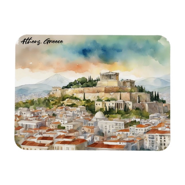 Athens Greece Watercolor Painting Panorama View Magnet (Horizontal)
