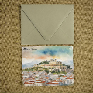 Athens Greece Watercolor Painting Panorama View Postcard