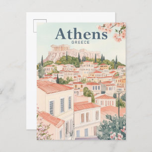 Athens Greece Watercolor Painting Travel Postcard