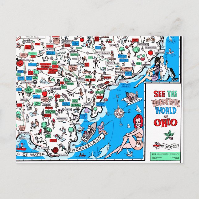 Athens Portsmouth Marietta retro 60s cartoon map Postcard (Front)
