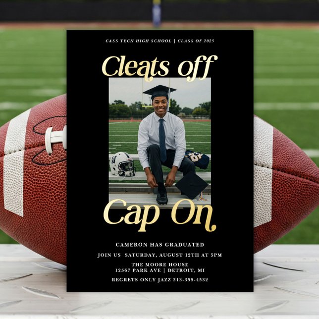 Athlete Graduation Cleats off Cap On Foil Invitation (Foil Athlete Graduation Invitation and Announcement)