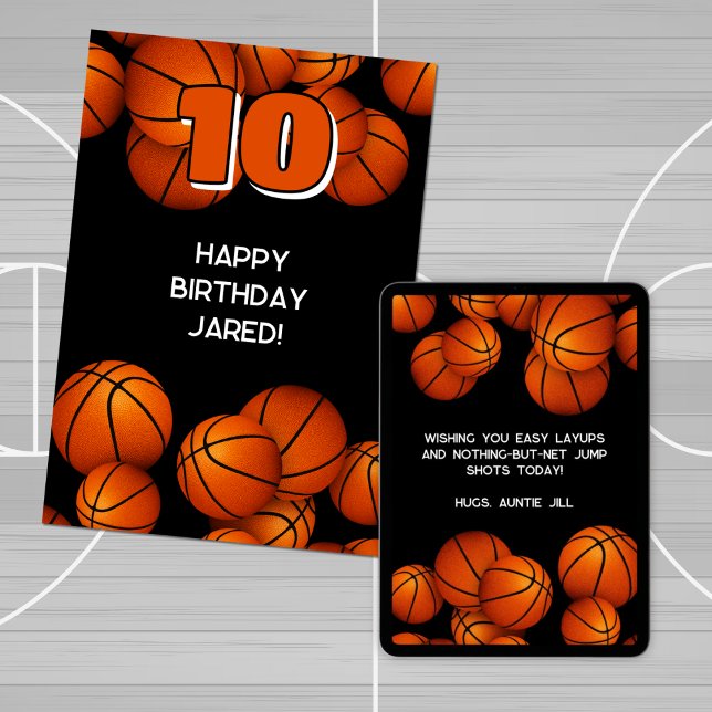 athlete happy birthday basketballs accent card (front view of printed card and downloaded view of back of card displayed on a tablet)