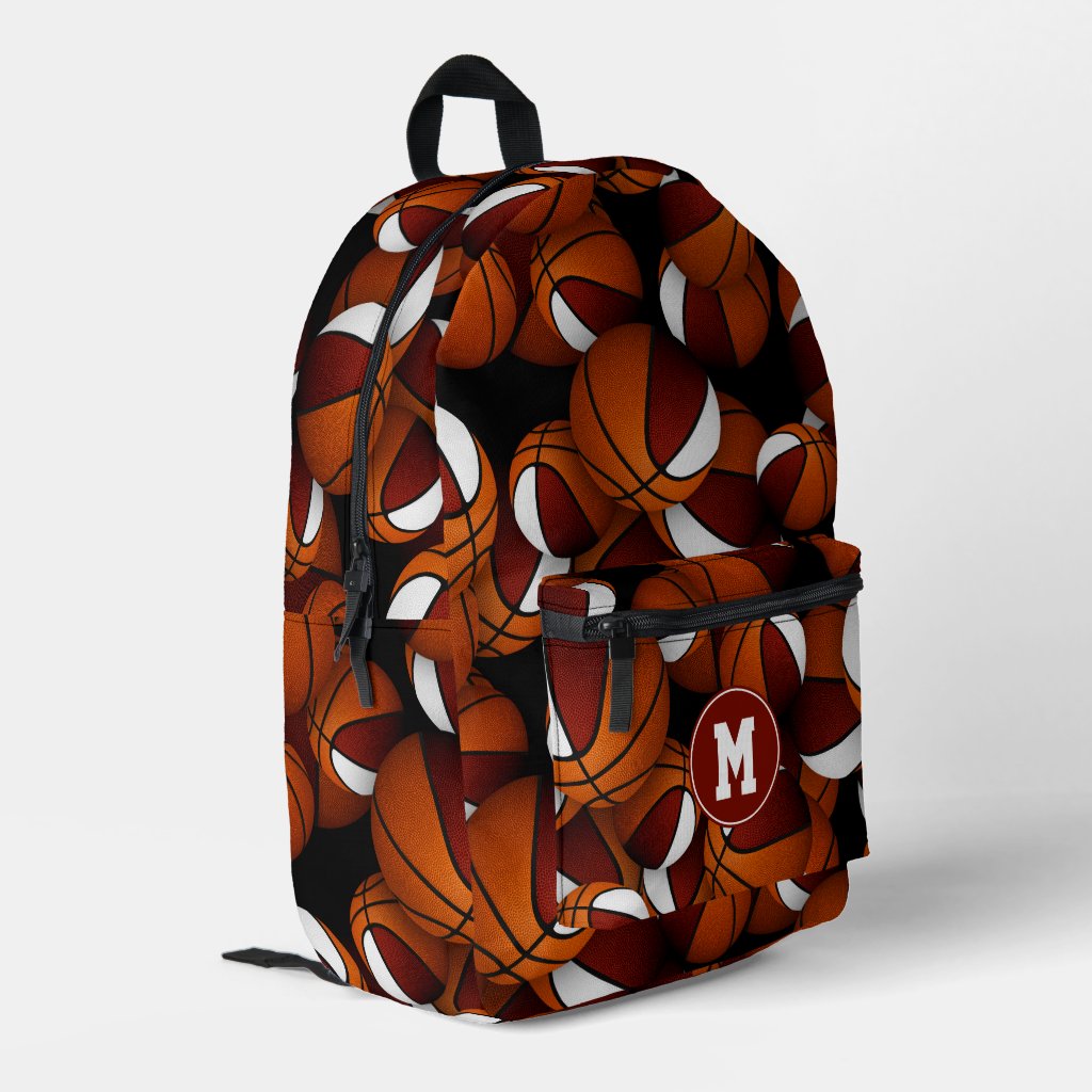 Athlete monogram maroon white basketballs pattern backpack