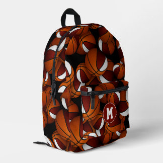 Athlete monogram maroon white basketballs printed backpack