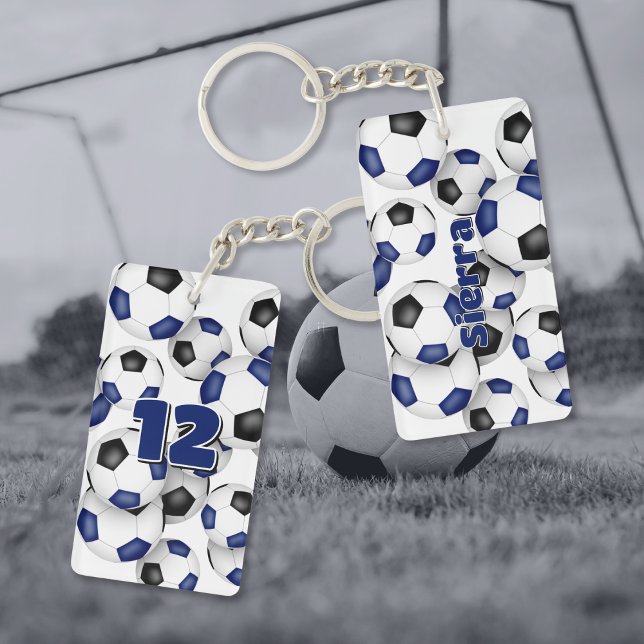 athlete name cluster of blue black soccer balls keychain (Front & back views)