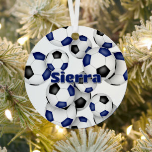 athlete name on blue black soccer balls keepsake metal ornament