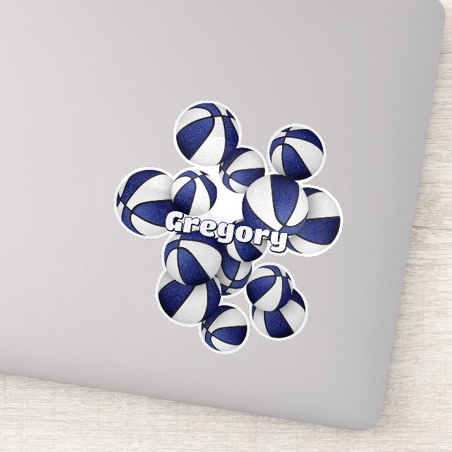 athlete name on cluster of blue white basketballs sticker (Detail)