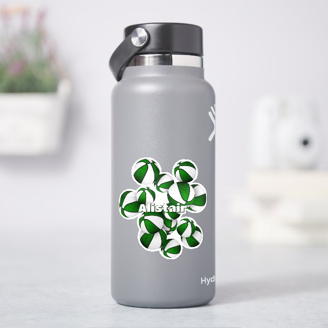 athlete name on cluster of green white basketballs sticker (HydroFlask)