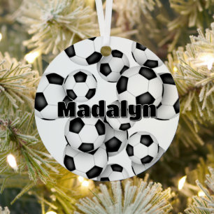 athlete name on cluster of soccer balls keepsake metal ornament