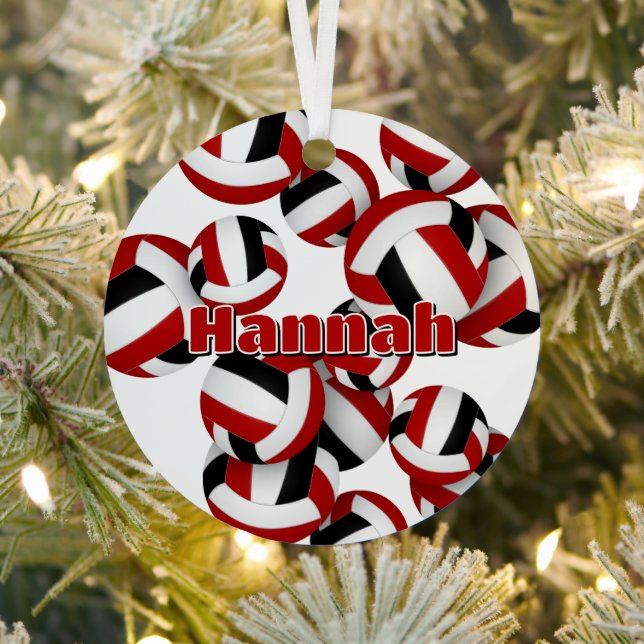 athlete name on red black volleyballs keepsake metal ornament (Insitu)