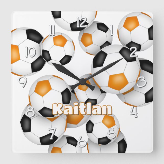 athlete name orange black soccer sports room square wall clock (Front)