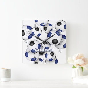 athlete name sports blue black soccer balls square wall clock