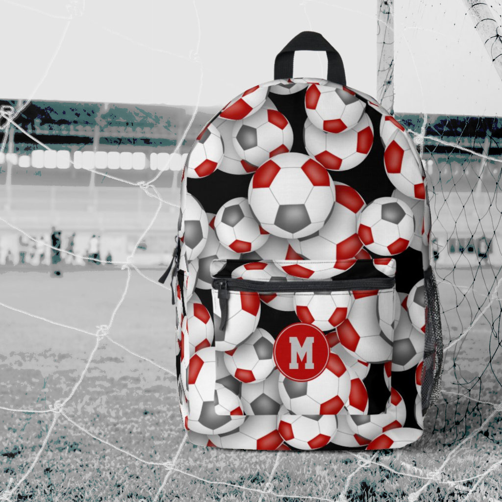 athlete team colors red gray soccer balls pattern printed backpack