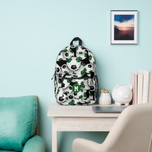 Athletes monogrammed green black soccer balls printed backpack