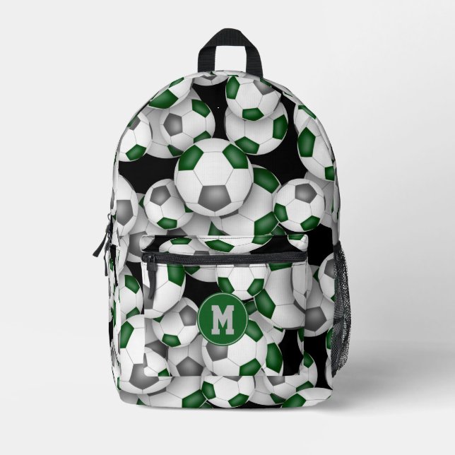 Athletes monogrammed green gray soccer balls printed backpack (Front)