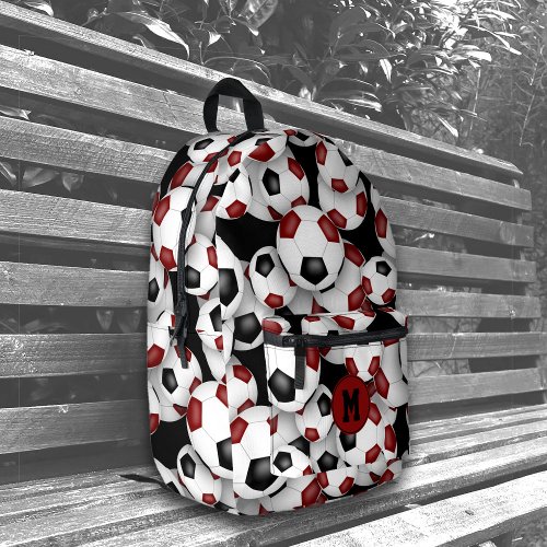 Athletes monogrammed maroon black soccer balls printed backpack