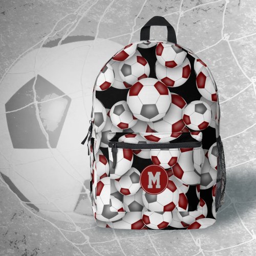 Athletes monogrammed maroon gray soccer balls printed backpack