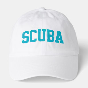 Athletic Azure Blue SCUBA Text White Background Hat