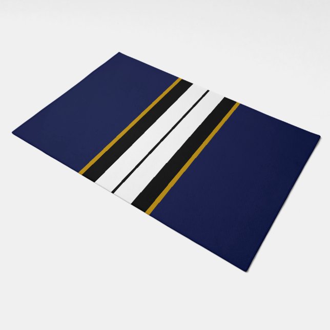 Athletic Black White Navy Vertical Racing Stripes Doormat (Angled)