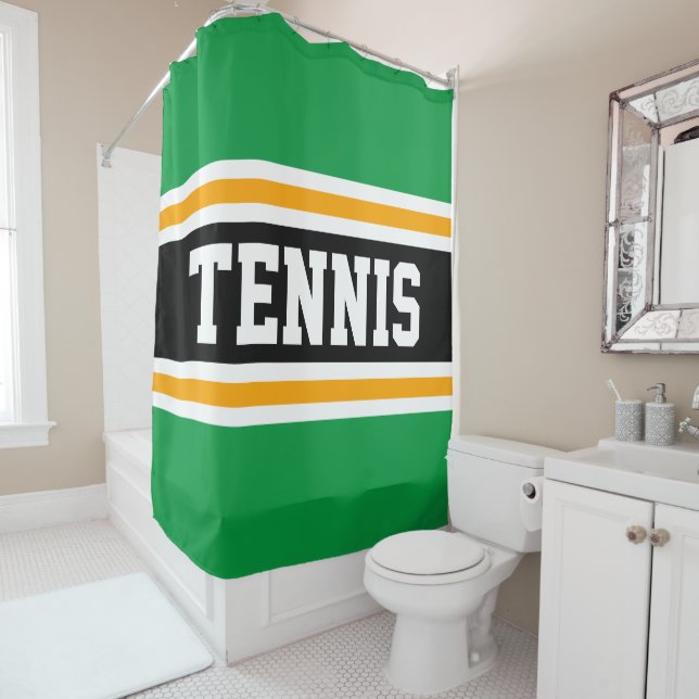 Athletic Bright Green Black Orange TENNIS Stripes Shower Curtain (In Situ)